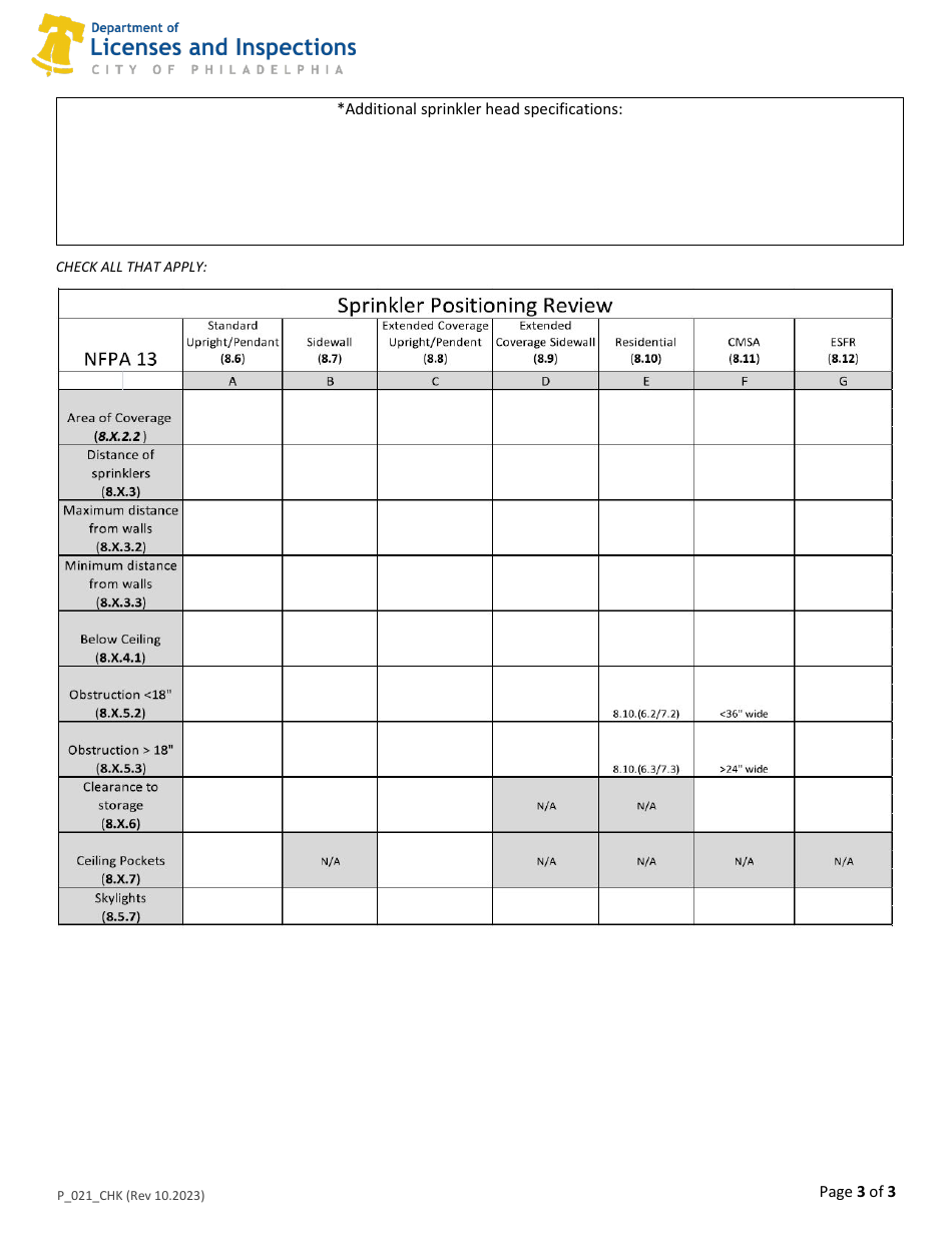 Form P_021_CHK NFPA 13 Sprinkler System Plan Review Checklist - City of Philadelphia, Pennsylvania, Page 3