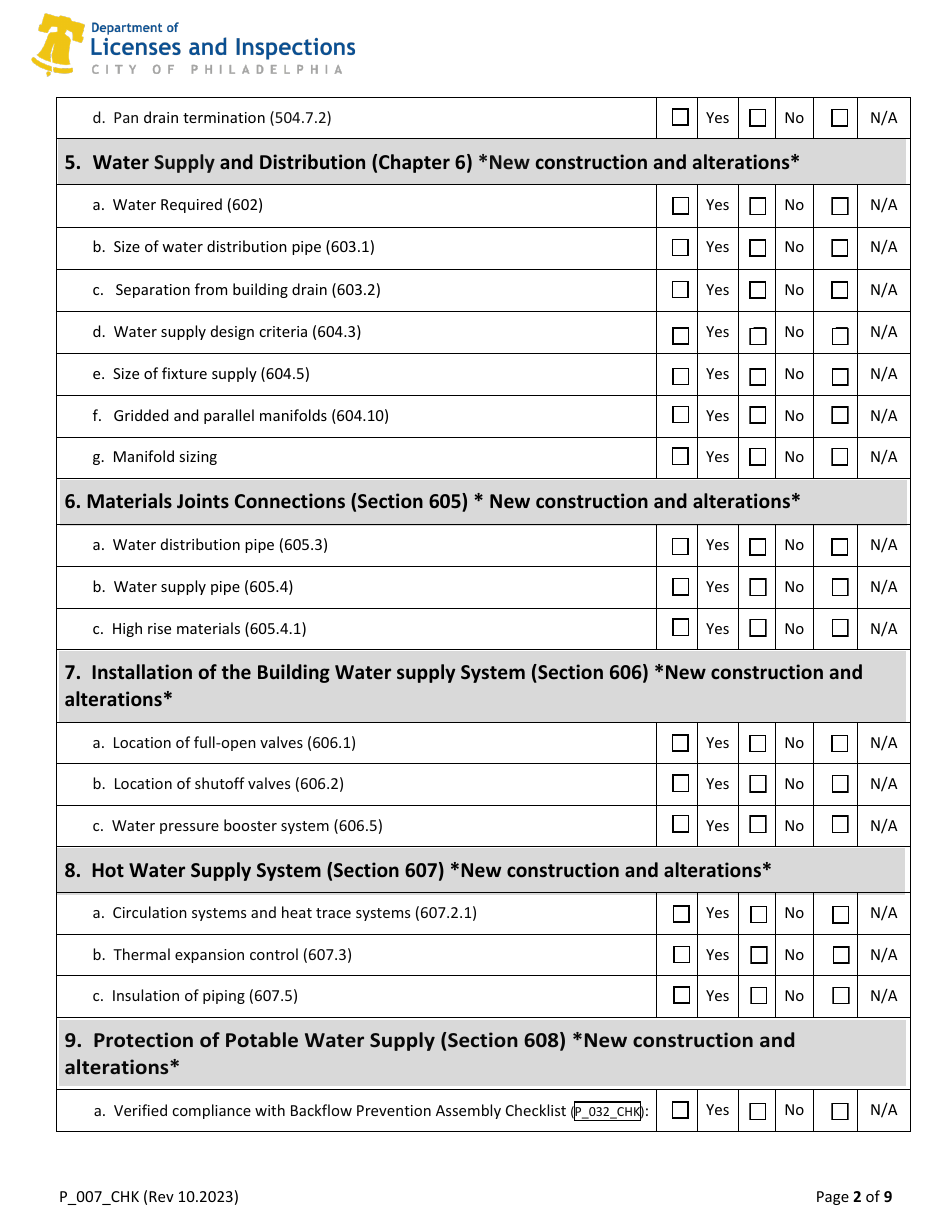 Form P_007_CHK 2018 Plumbing Code Plan Review Checklist - City of Philadelphia, Pennsylvania, Page 2