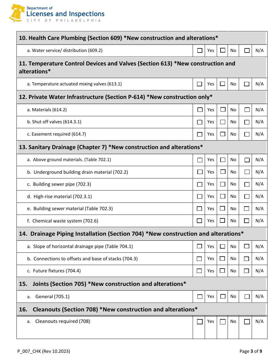 Form P_007_CHK 2018 Plumbing Code Plan Review Checklist - City of Philadelphia, Pennsylvania, Page 3