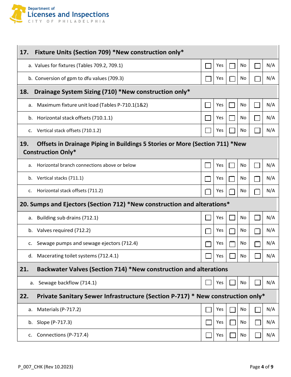 Form P_007_CHK 2018 Plumbing Code Plan Review Checklist - City of Philadelphia, Pennsylvania, Page 4