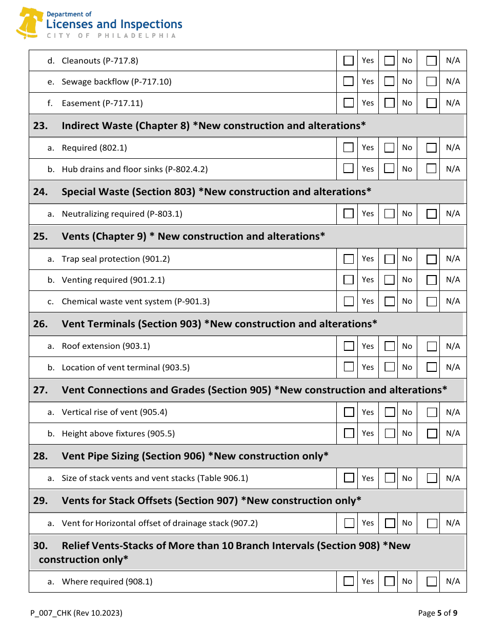 Form P_007_CHK 2018 Plumbing Code Plan Review Checklist - City of Philadelphia, Pennsylvania, Page 5