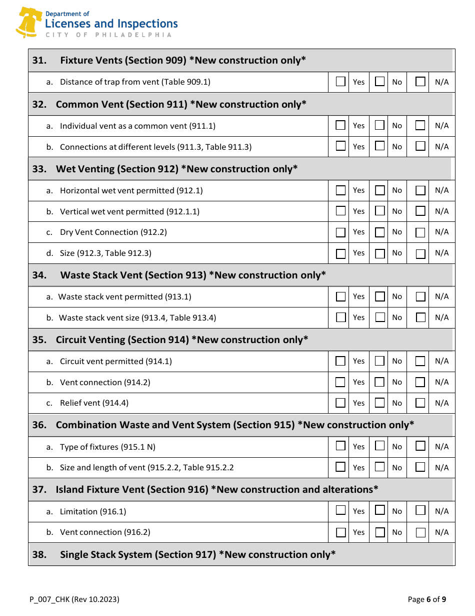 Form P_007_CHK 2018 Plumbing Code Plan Review Checklist - City of Philadelphia, Pennsylvania, Page 6
