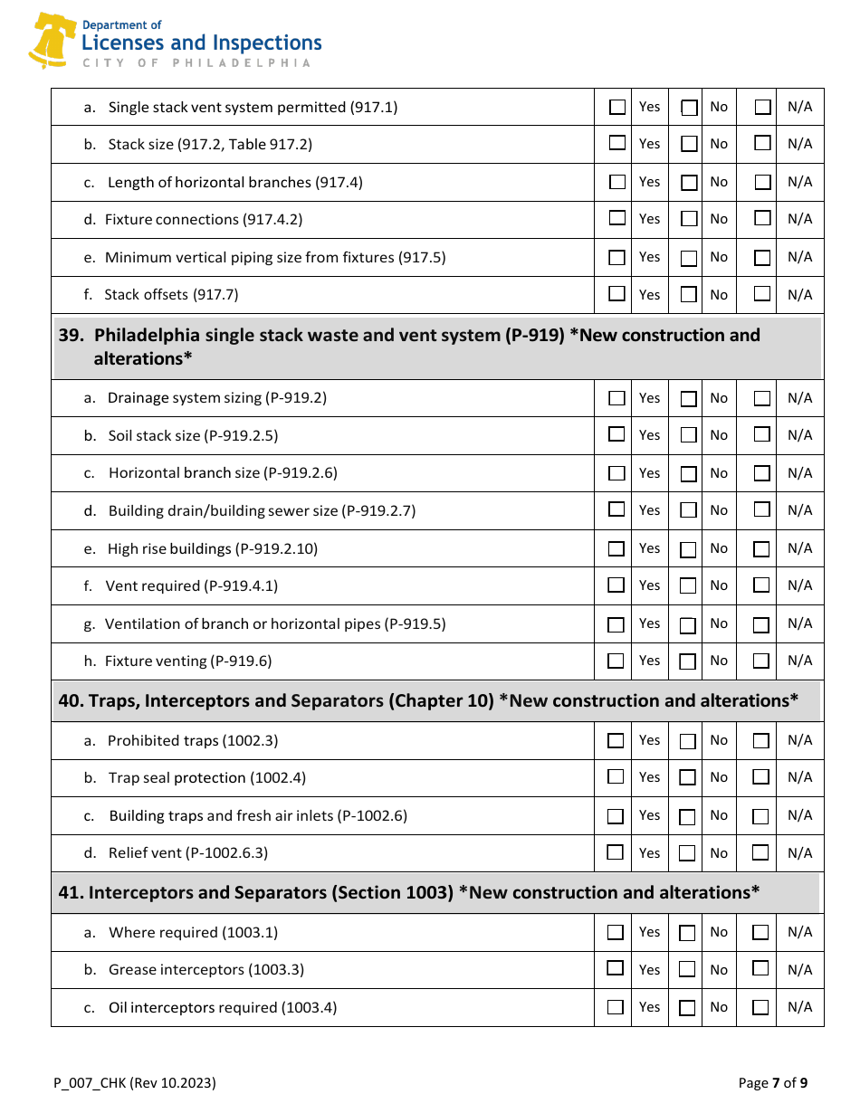 Form P_007_CHK 2018 Plumbing Code Plan Review Checklist - City of Philadelphia, Pennsylvania, Page 7