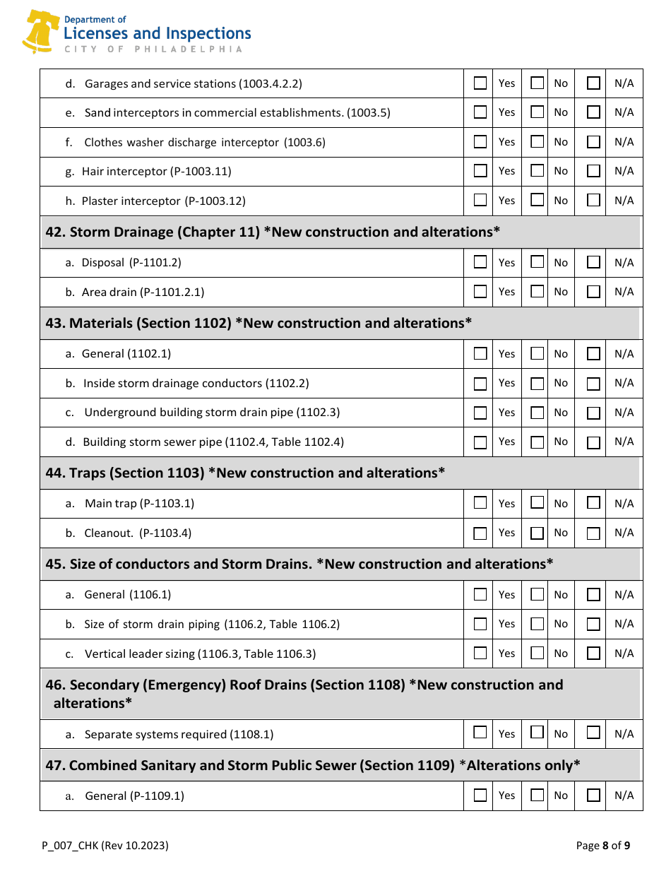 Form P_007_CHK 2018 Plumbing Code Plan Review Checklist - City of Philadelphia, Pennsylvania, Page 8
