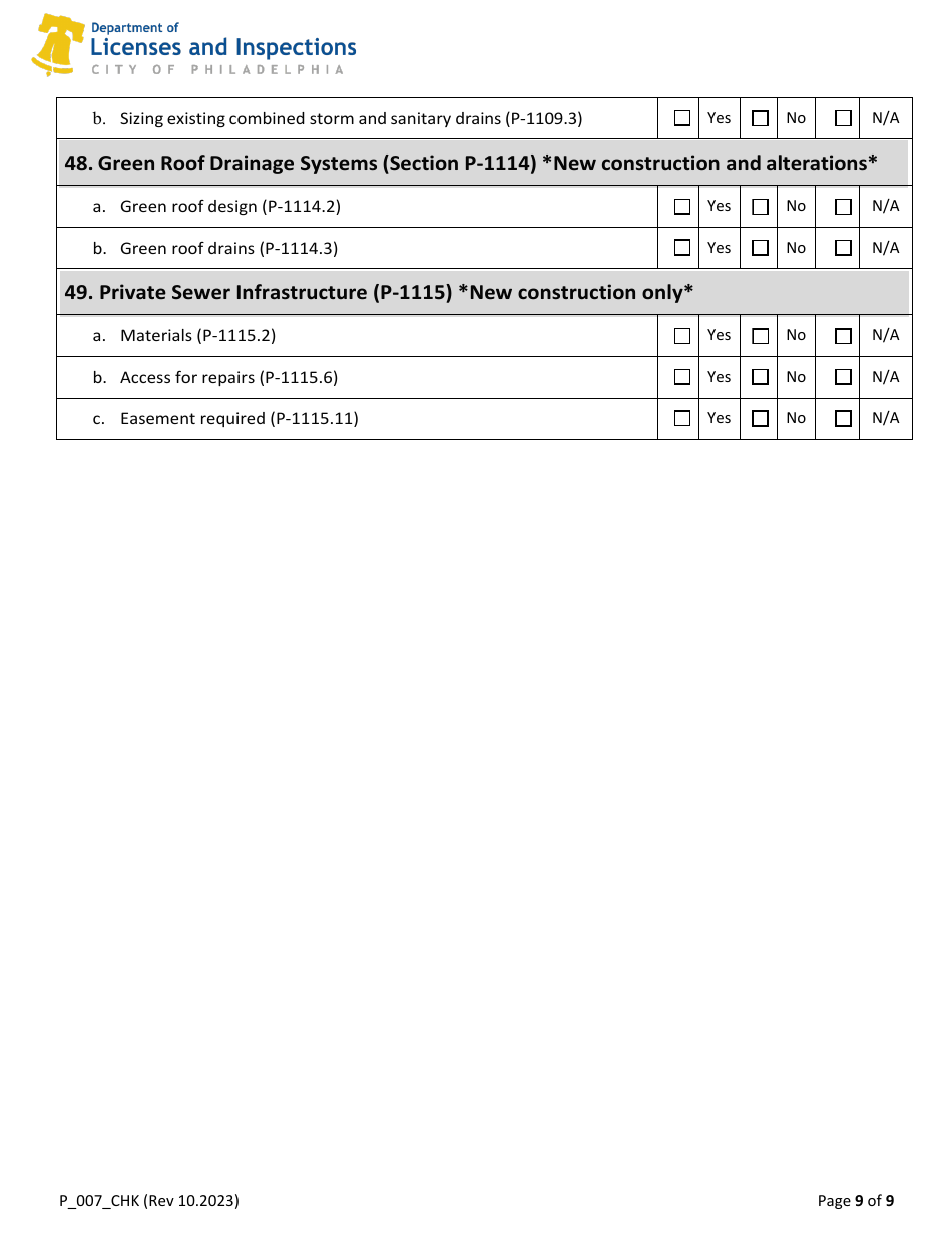 Form P_007_CHK 2018 Plumbing Code Plan Review Checklist - City of Philadelphia, Pennsylvania, Page 9