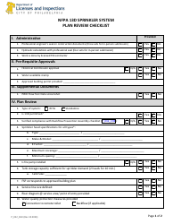 Document preview: Form P_022_CHK NFPA 13d Sprinkler System Plan Review Checklist - City of Philadelphia, Pennsylvania