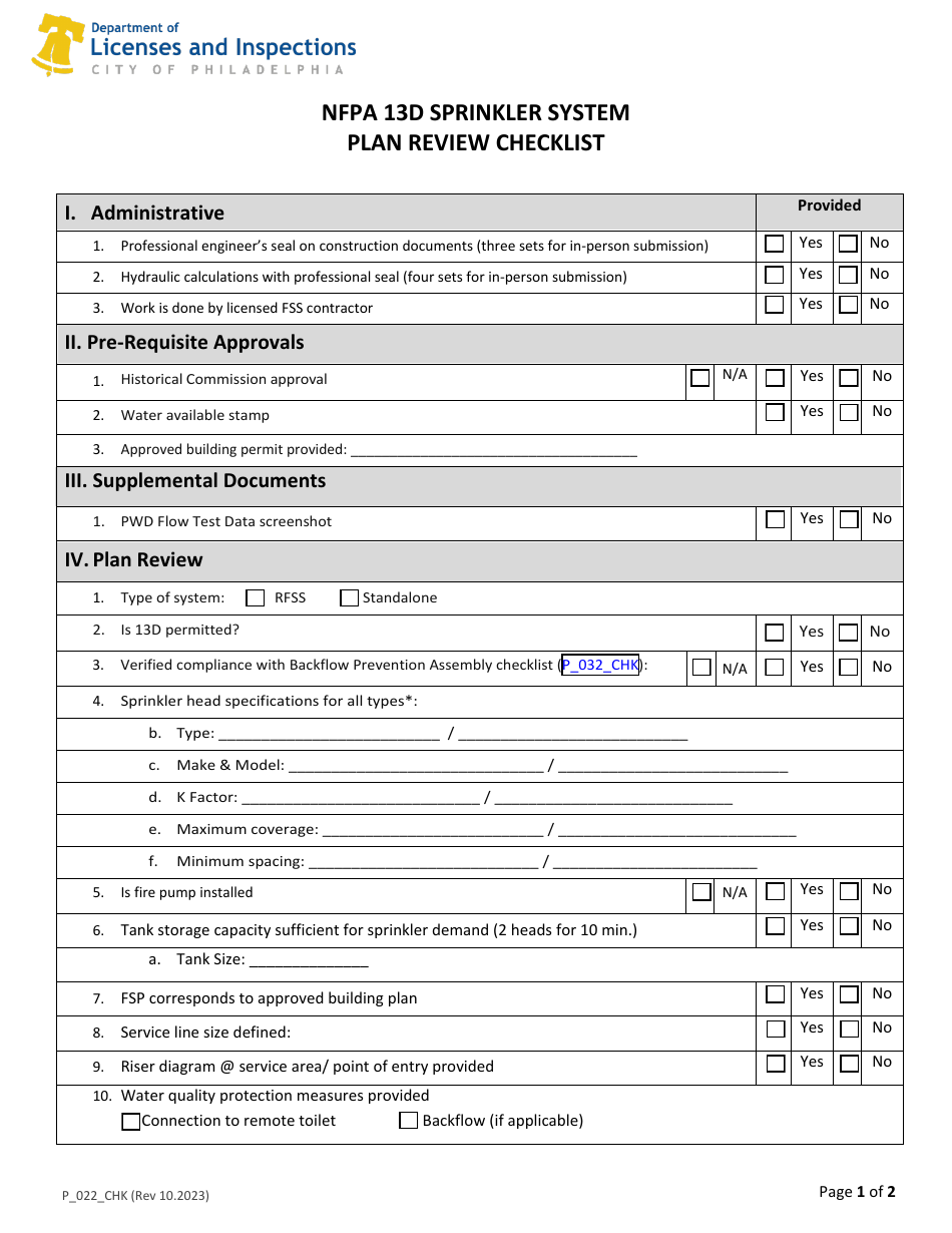 Form P_022_CHK Download Fillable PDF or Fill Online NFPA 13d Sprinkler ...