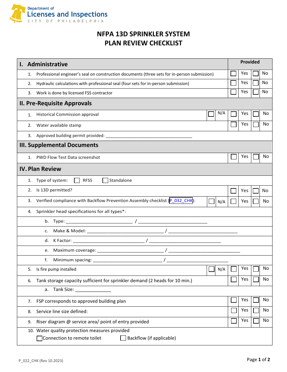 Form P_022_CHK NFPA 13d Sprinkler System Plan Review Checklist - City of Philadelphia, Pennsylvania, Page 1