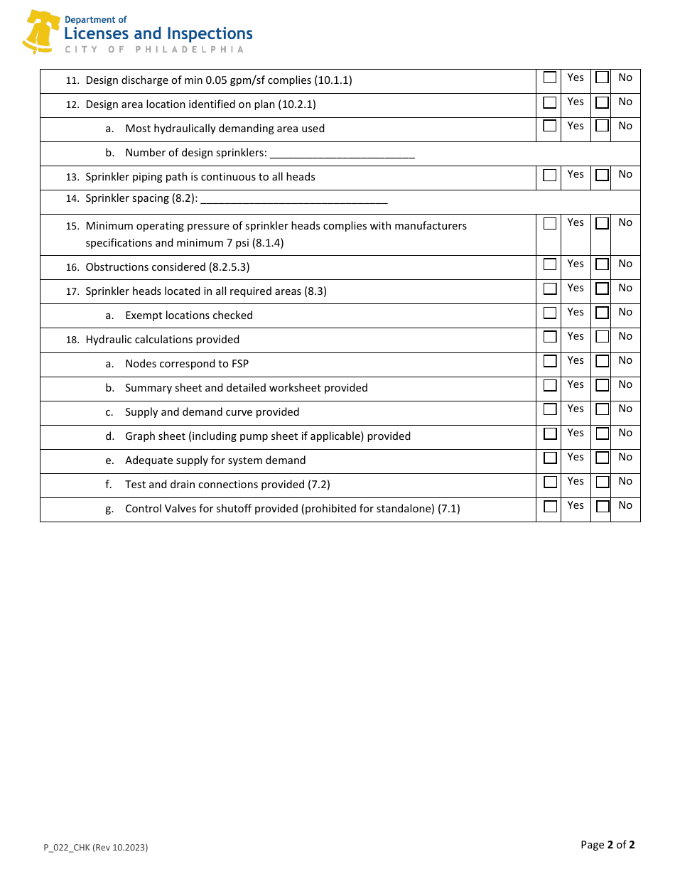 Form P_022_CHK NFPA 13d Sprinkler System Plan Review Checklist - City of Philadelphia, Pennsylvania, Page 2