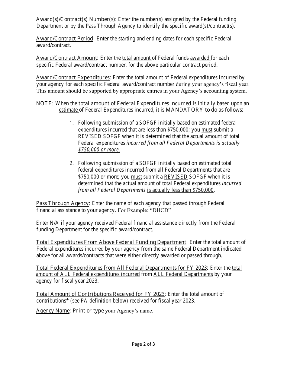 Instructions for Subrecipients Schedule of Federal Governmental Funding (Sofgf) and Total Amount of Contributions Received - City of Philadelphia, Pennsylvania, Page 2