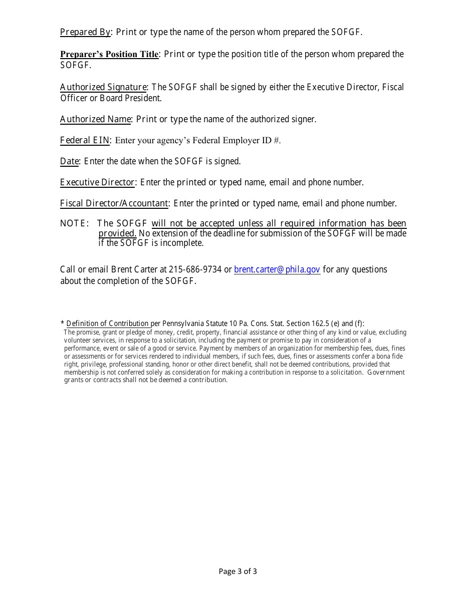Instructions for Subrecipients Schedule of Federal Governmental Funding (Sofgf) and Total Amount of Contributions Received - City of Philadelphia, Pennsylvania, Page 3