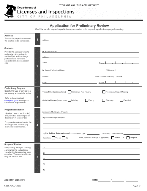 Form P_021_F Application for Preliminary Review - City of Philadelphia, Pennsylvania