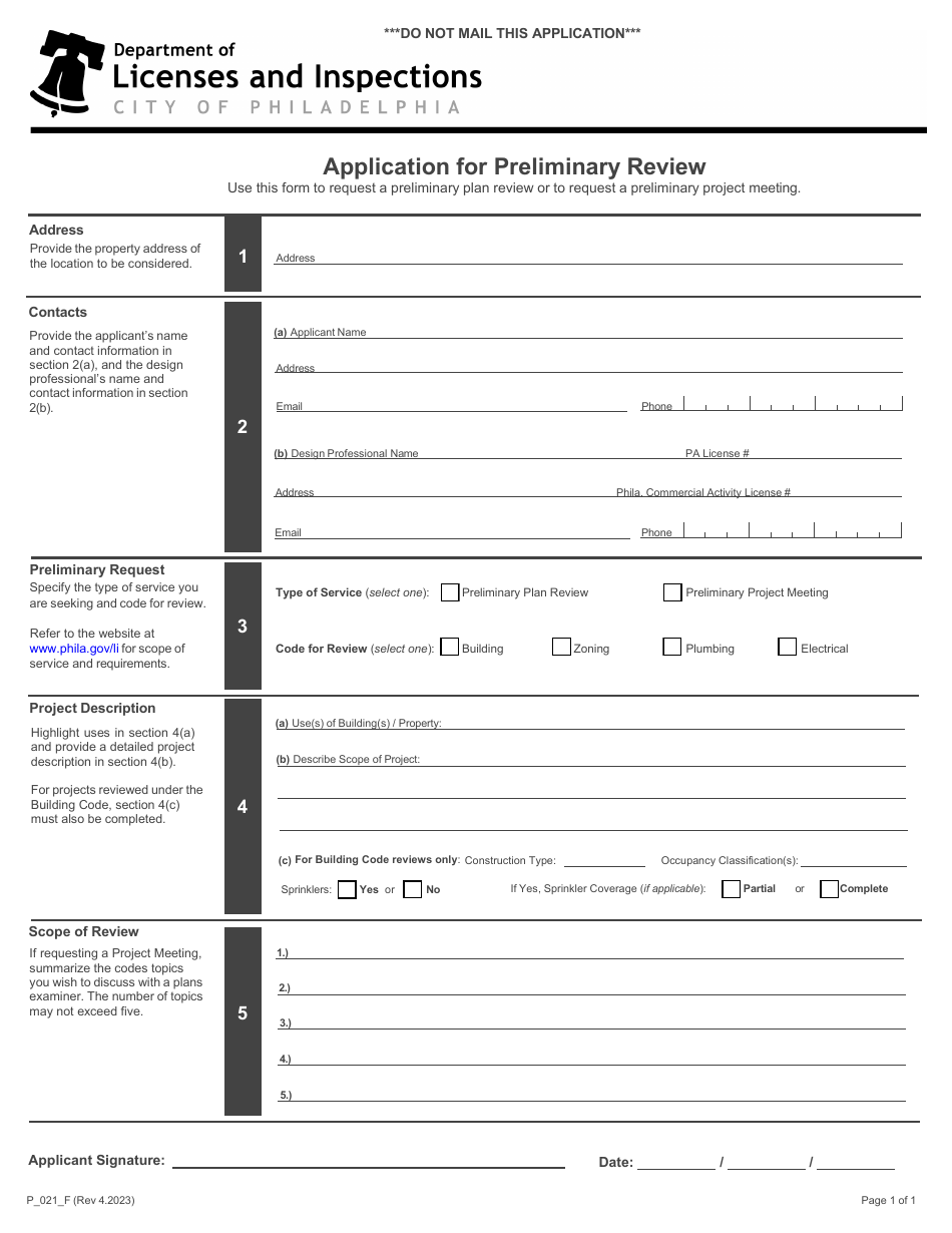 Form P_021_F Application for Preliminary Review - City of Philadelphia, Pennsylvania, Page 1