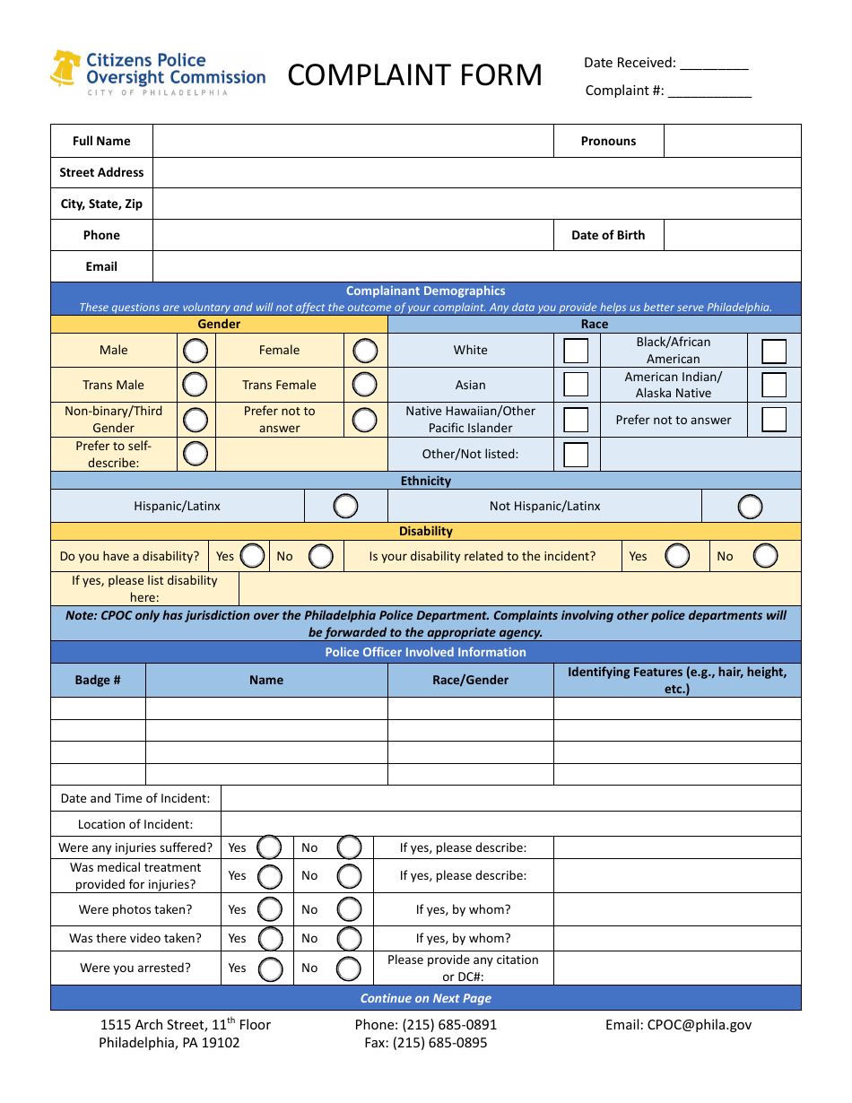 Complaint Form - City of Philadelphia, Pennsylvania, Page 1