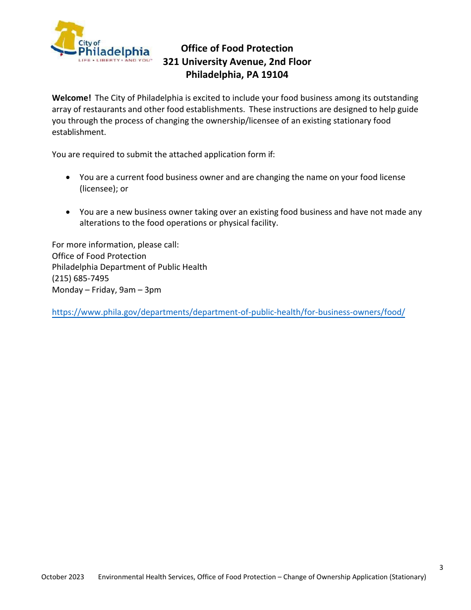 Plan Review Application Form for Stationary Food Establishments Change of Ownership / Licensee Only - City of Philadelphia, Pennsylvania, Page 3