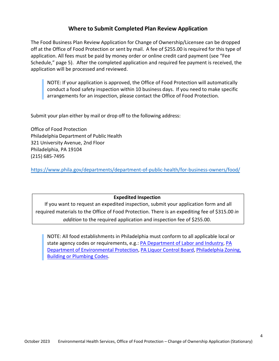 Plan Review Application Form for Stationary Food Establishments Change of Ownership / Licensee Only - City of Philadelphia, Pennsylvania, Page 4