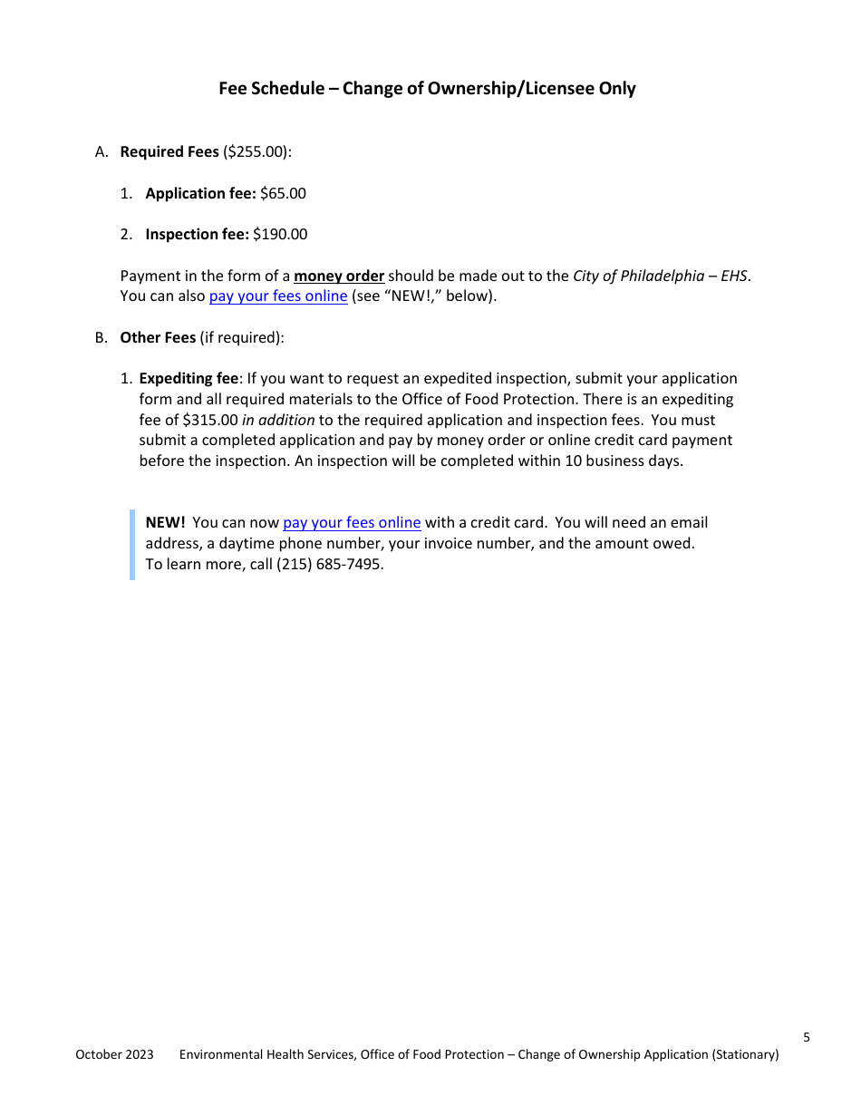 Plan Review Application Form for Stationary Food Establishments Change of Ownership / Licensee Only - City of Philadelphia, Pennsylvania, Page 5