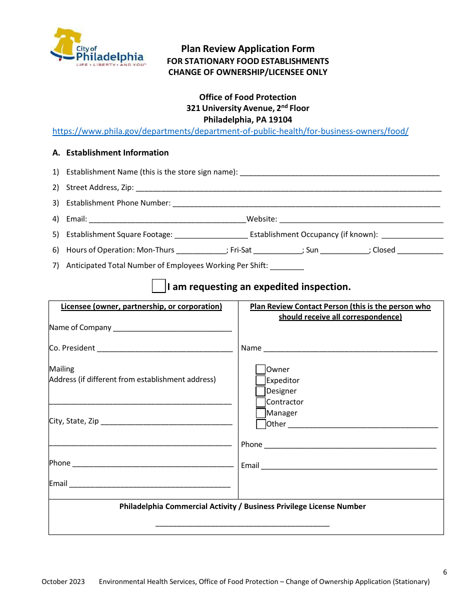 Plan Review Application Form for Stationary Food Establishments Change of Ownership / Licensee Only - City of Philadelphia, Pennsylvania, Page 6