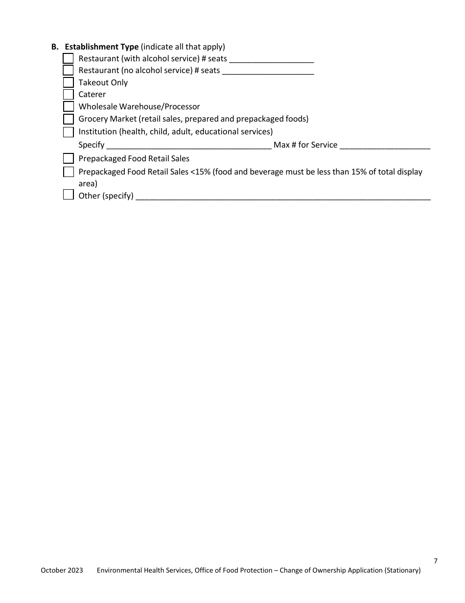 Plan Review Application Form for Stationary Food Establishments Change of Ownership / Licensee Only - City of Philadelphia, Pennsylvania, Page 7
