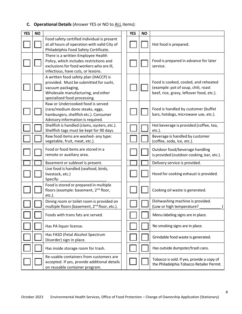 Plan Review Application Form for Stationary Food Establishments Change of Ownership / Licensee Only - City of Philadelphia, Pennsylvania, Page 8