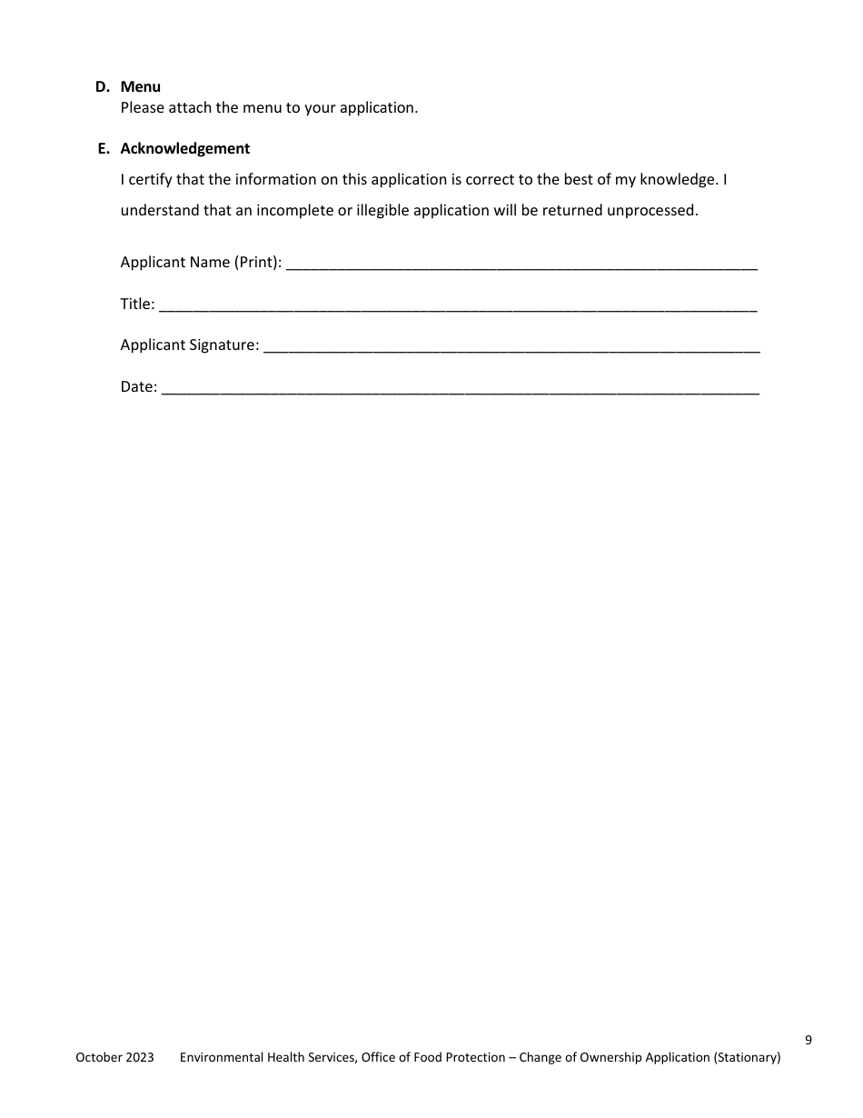 Plan Review Application Form for Stationary Food Establishments Change of Ownership / Licensee Only - City of Philadelphia, Pennsylvania, Page 9