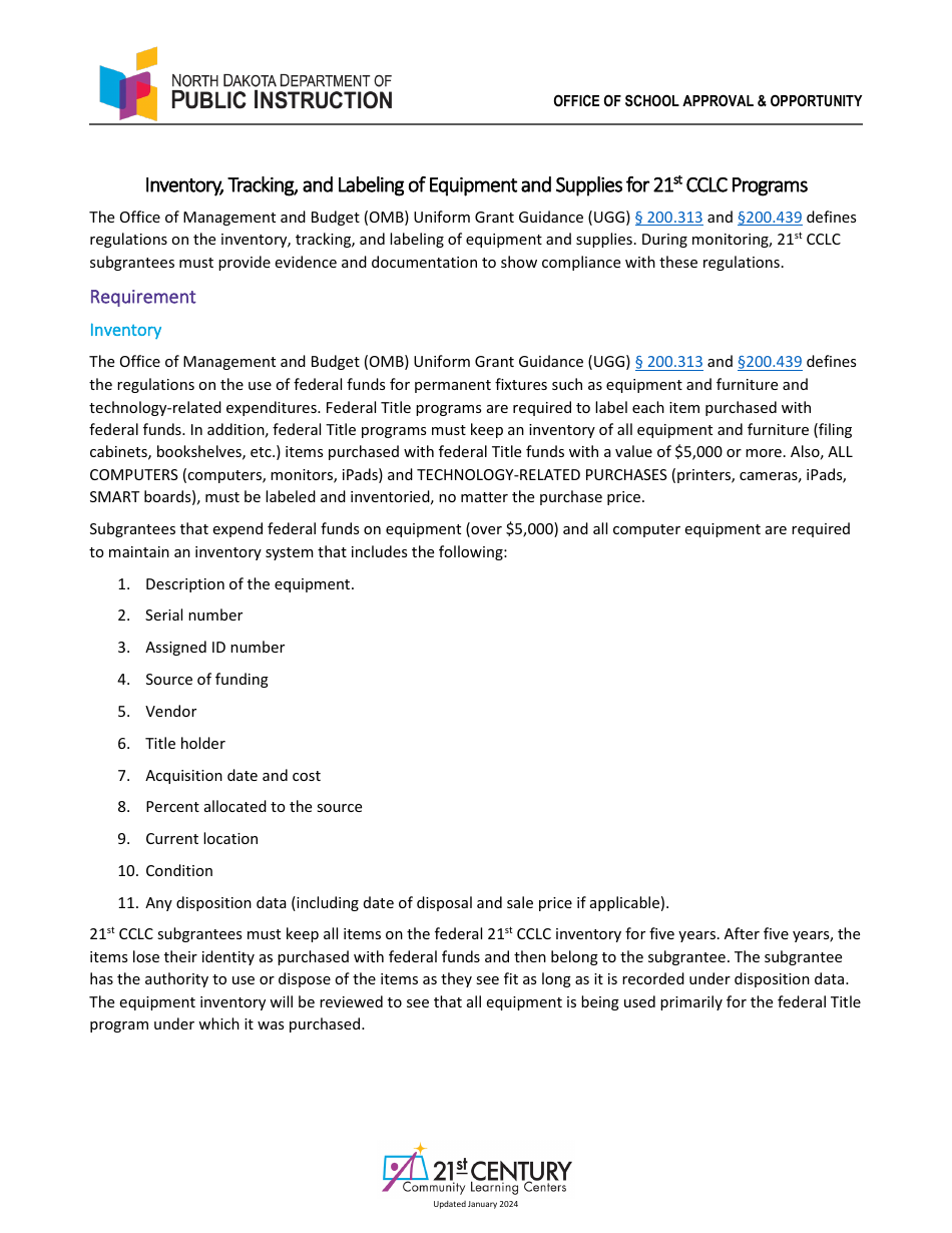 Inventory, Tracking, and Labeling of Equipment and Supplies for 21st Cclc Programs - North Dakota, Page 1