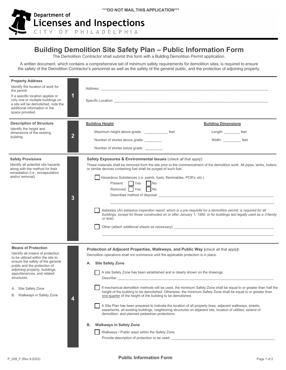 Form P_009_F Building Demolition Site Safety Plan - Public Information Form - City of Philadelphia, Pennsylvania, Page 1