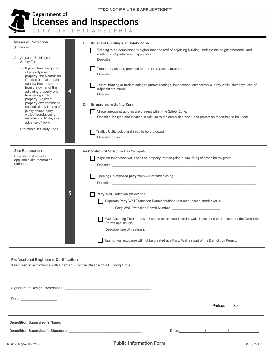 Form P_009_F Building Demolition Site Safety Plan - Public Information Form - City of Philadelphia, Pennsylvania, Page 2