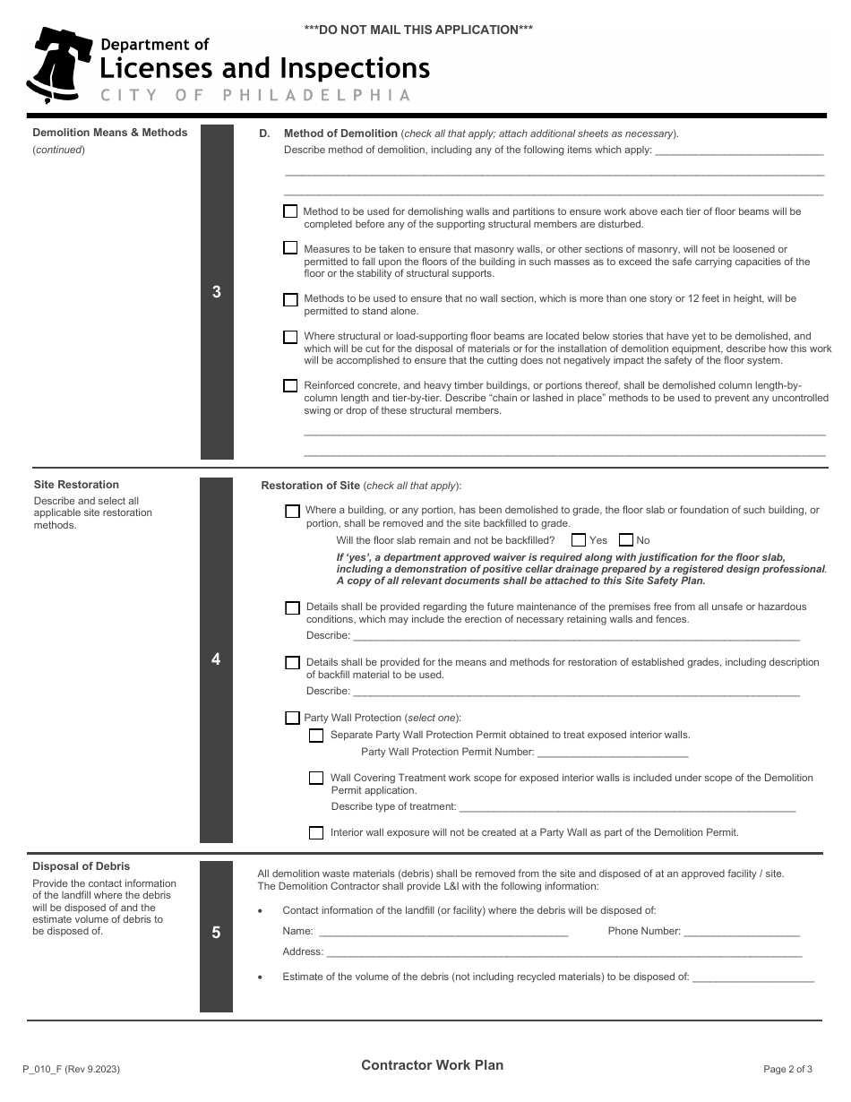 Form P_010_F Building Demolition Site Safety Plan - Contractor Work Plan - City of Philadelphia, Pennsylvania, Page 2
