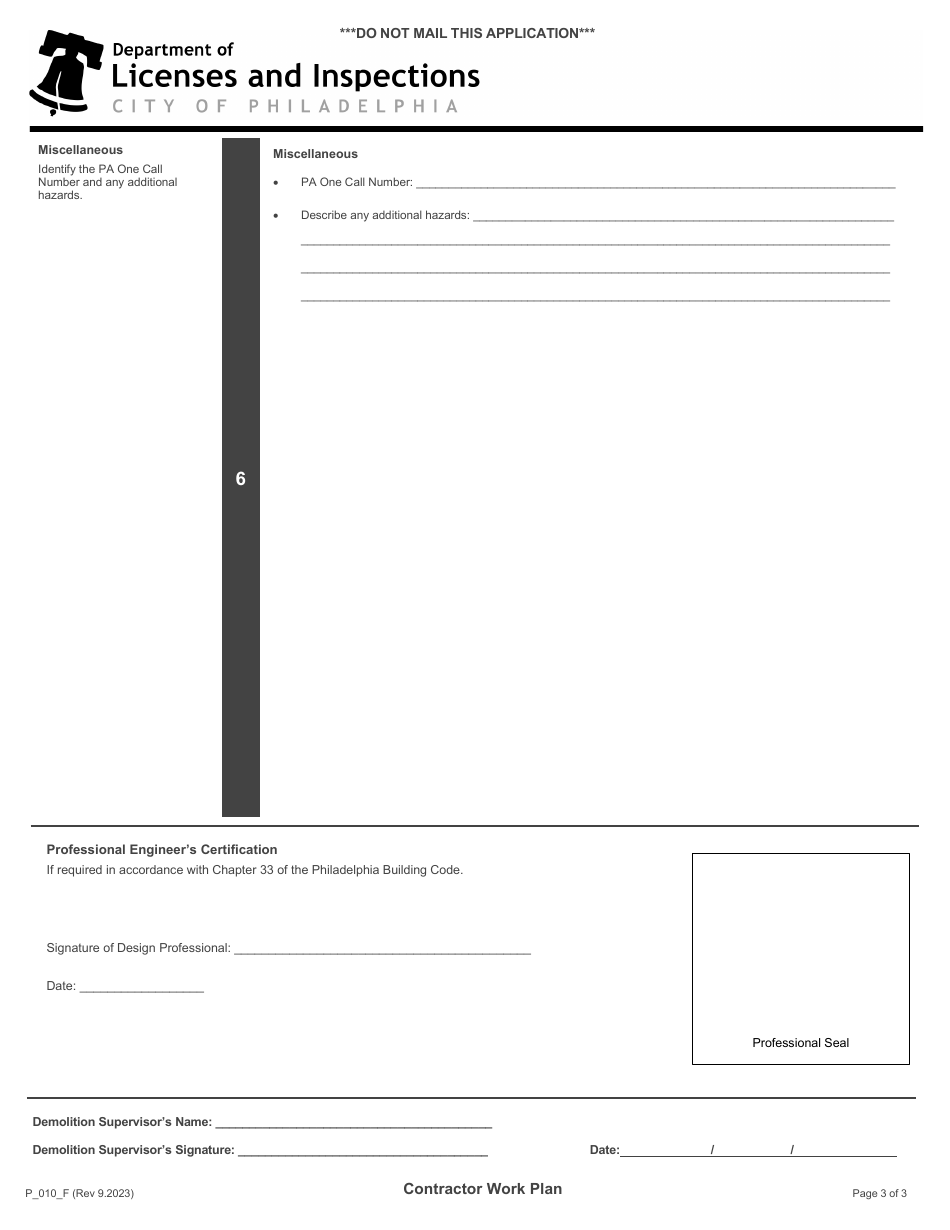 Form P_010_F Building Demolition Site Safety Plan - Contractor Work Plan - City of Philadelphia, Pennsylvania, Page 3