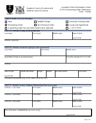 Canadian Police Information Centre (Cpic) Restraining Order Information Form - Family - Ontario, Canada