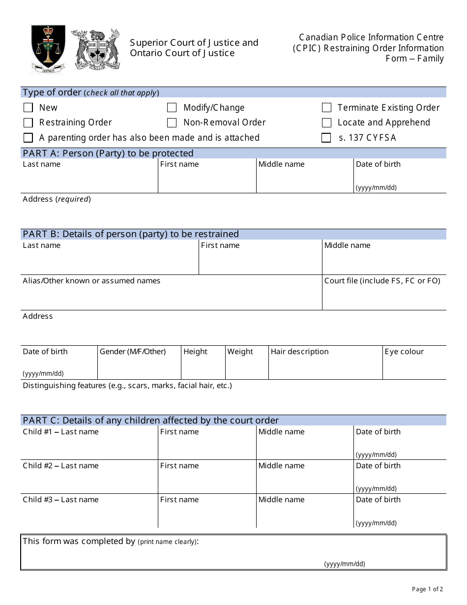 Canadian Police Information Centre (Cpic) Restraining Order Information Form - Family - Ontario, Canada, Page 1
