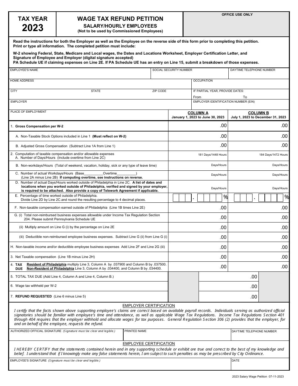Wage Tax Refund Petition - Salary / Hourly Employees - City of Philadelphia, Pennsylvania, Page 1