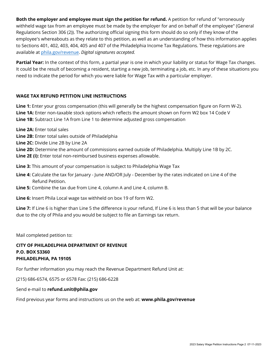 Wage Tax Refund Petition - Salary / Hourly Employees - City of Philadelphia, Pennsylvania, Page 3