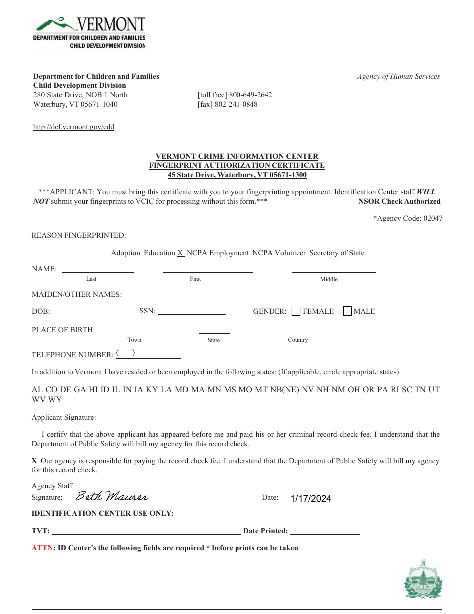 Vermont Crime Information Center Fingerprint Authorization Certificate - Vermont, Page 1