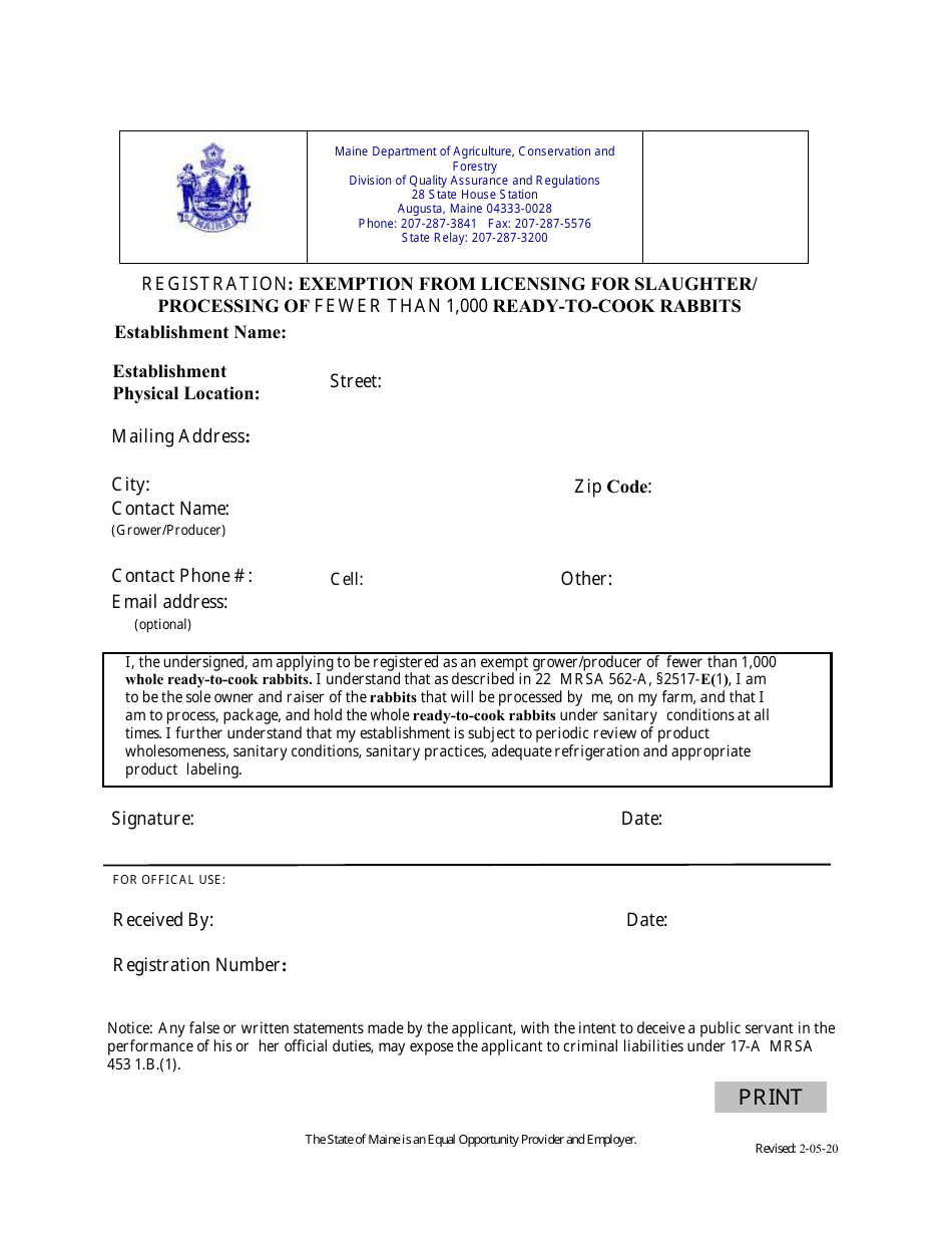 Registration: Exemption From Licensing for Slaughter / Processing of Fewer Than 1,000 Ready-To-Cook Rabbits - Maine, Page 1