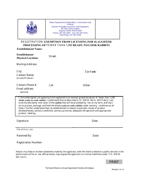Registration: Exemption From Licensing for Slaughter / Processing of Fewer Than 1,000 Ready-To-Cook Rabbits - Maine Download Pdf