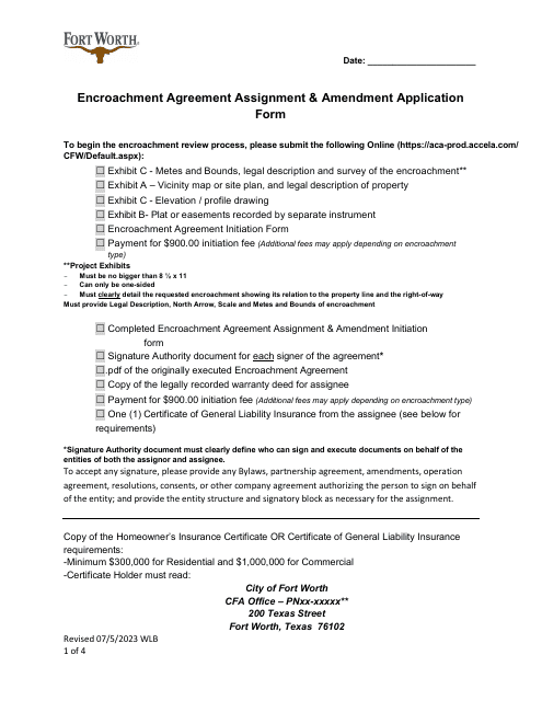 Encroachment Agreement Assignment and Amendment Application Form - City of Fort Worth, Texas Download Pdf