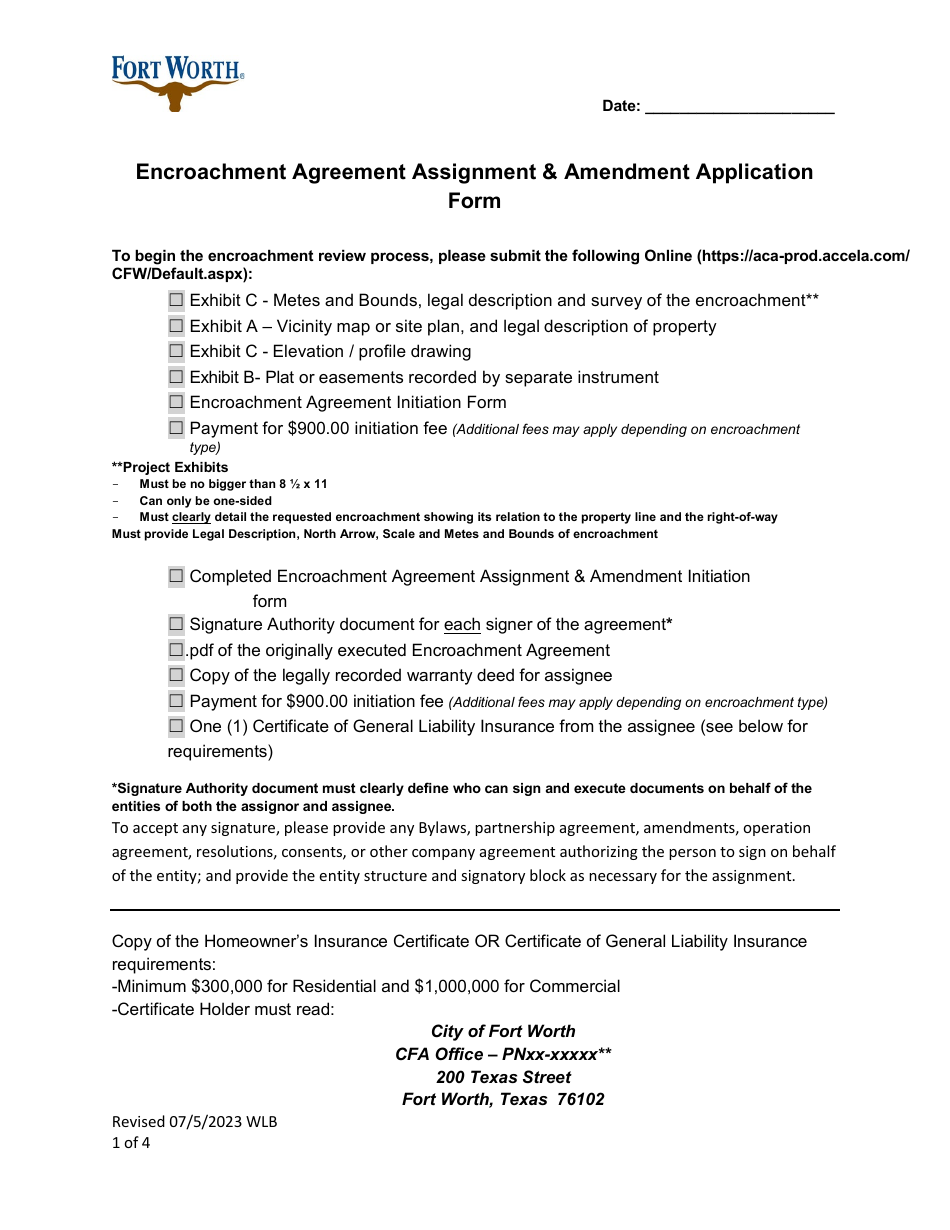 Encroachment Agreement Assignment and Amendment Application Form - City of Fort Worth, Texas, Page 1
