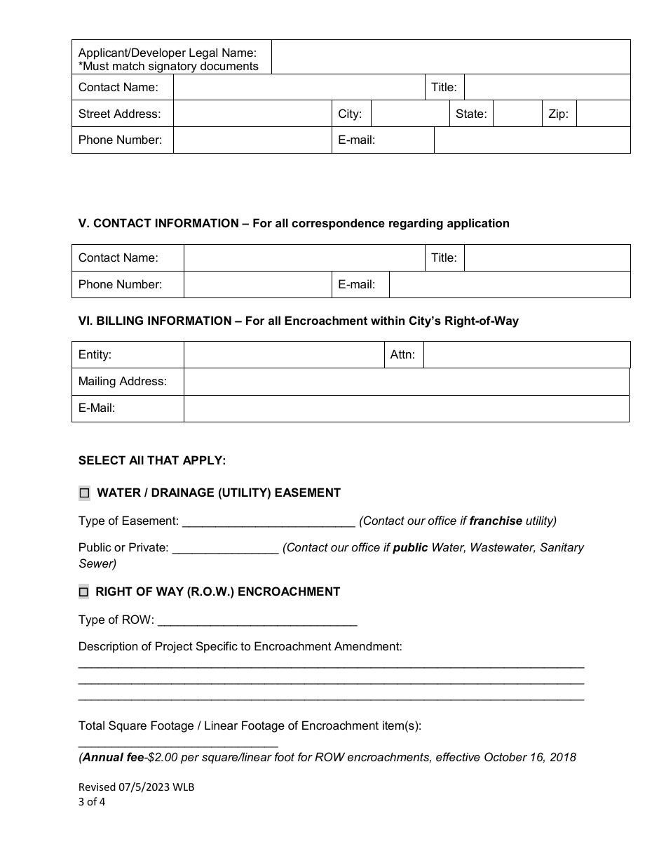 Encroachment Agreement Assignment and Amendment Application Form - City of Fort Worth, Texas, Page 3