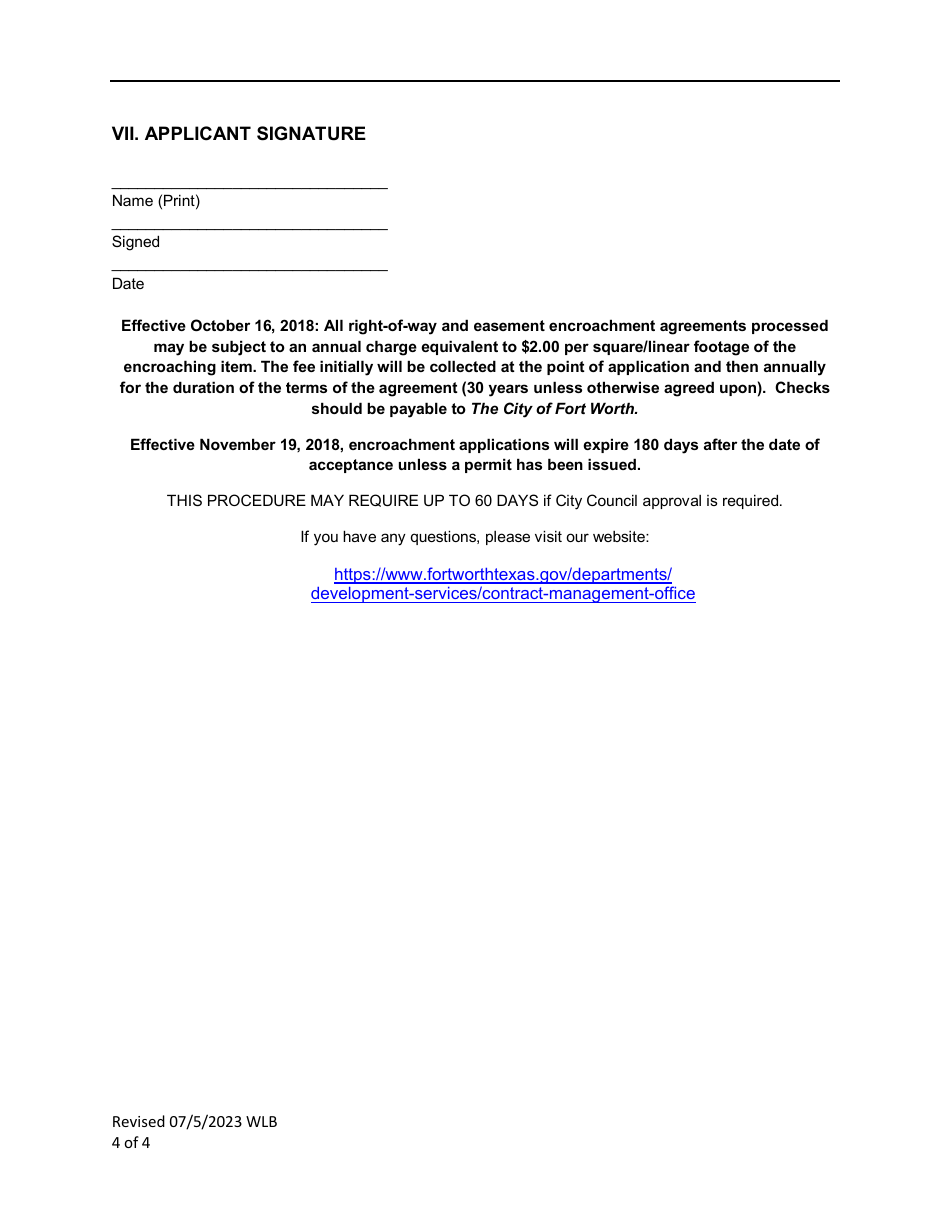Encroachment Agreement Assignment and Amendment Application Form - City of Fort Worth, Texas, Page 4