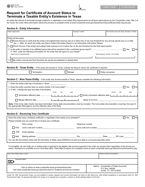 Form 05-359 Request for Certificate of Account Status to Terminate a Taxable Entity's Existence in Texas - Texas