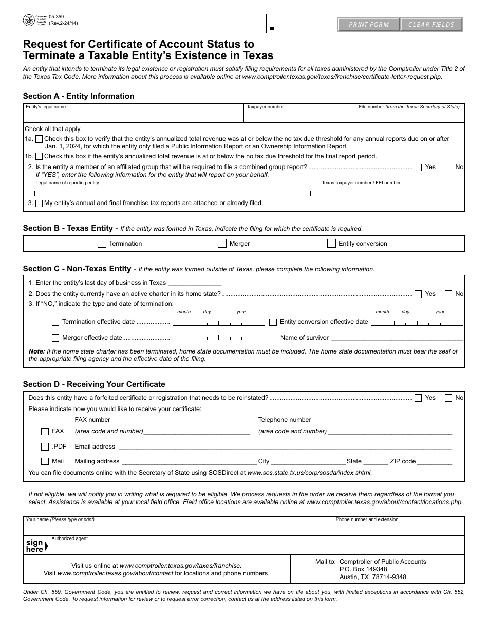 Form 05-359 Request for Certificate of Account Status to Terminate a Taxable Entitys Existence in Texas - Texas, Page 1