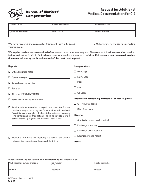 Form C-9-A (BWC-1112) Request for Additional Medical Documentation for C-9 - Ohio