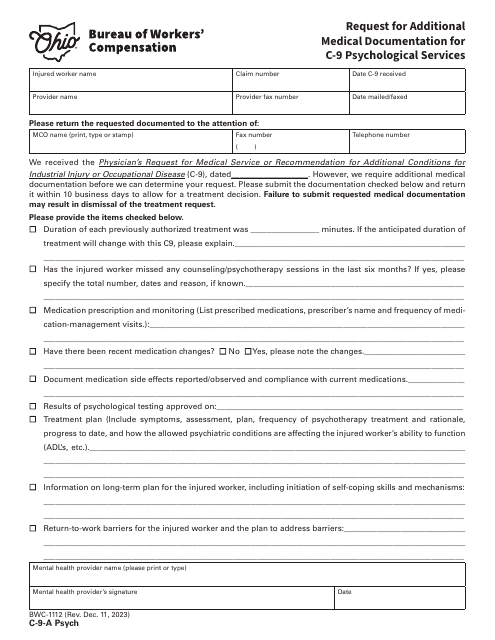Form C-9-A PSYCH (BWC-1112) Request for Additional Medical Documentation for C-9 Psychological Services - Ohio