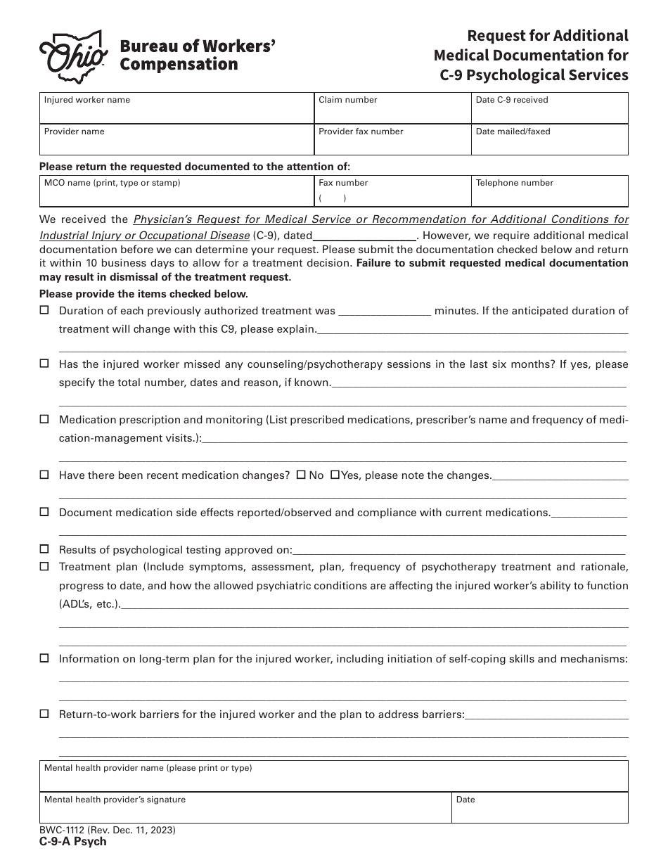 Form C-9-A PSYCH (BWC-1112) Request for Additional Medical Documentation for C-9 Psychological Services - Ohio, Page 1
