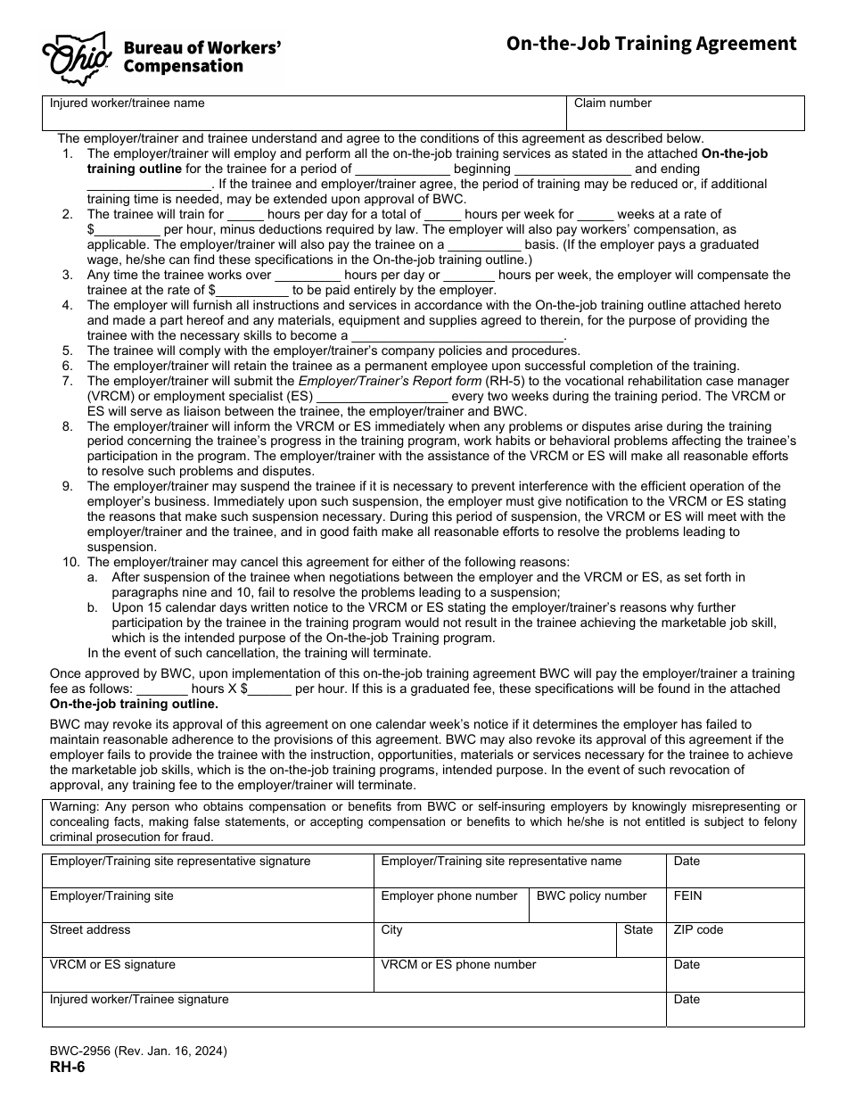 Form RH6 (BWC2956) Download Printable PDF or Fill Online OnTheJob