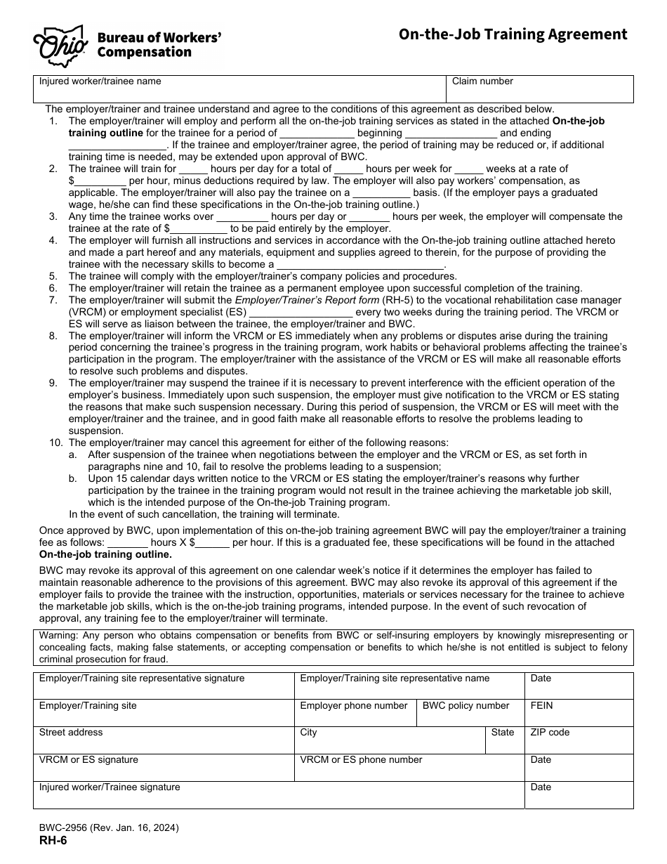 Form RH-6 (BWC-2956) On-The-Job Training Agreement - Ohio, Page 1