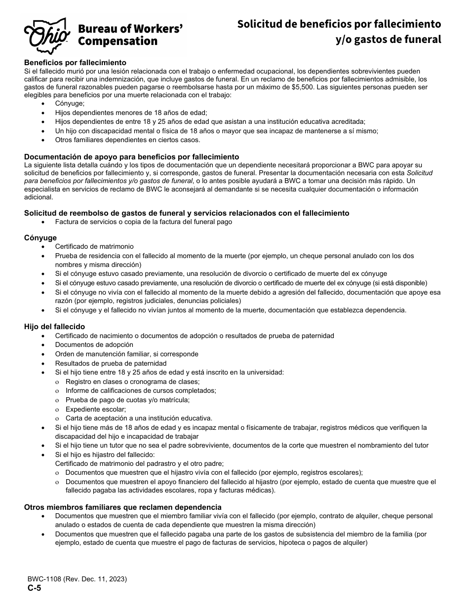 Formulario C-5 (BWC-1108) Solicitud De Beneficios Por Fallecimiento Y / O Gastos De Funeral - Ohio (Spanish), Page 2