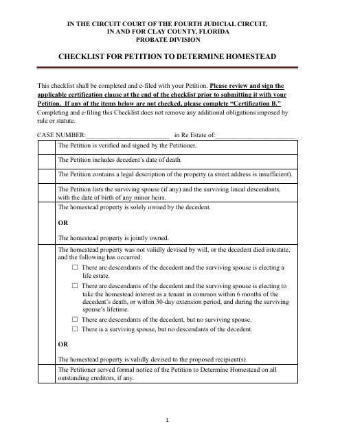 Checklist for Petition to Determine Homestead - Clay County, Florida Download Pdf